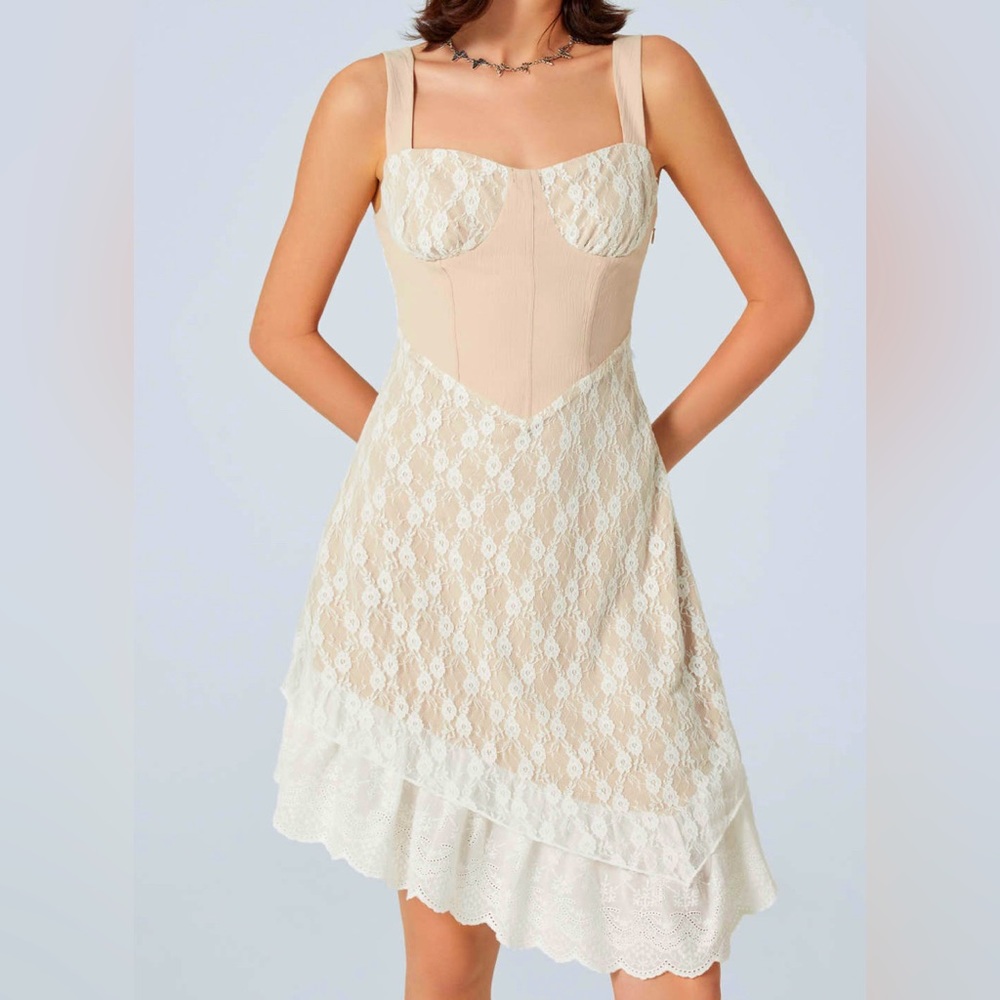 Lace Patchwork Mini Corset Dress. From Cider. Length: Short. Stretch: Medium.